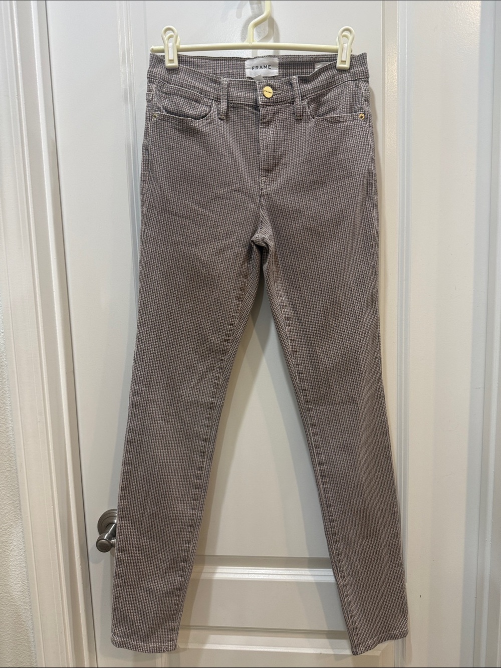 Frame Denim Houndstooth Slim Jeans in Brown and Taupe